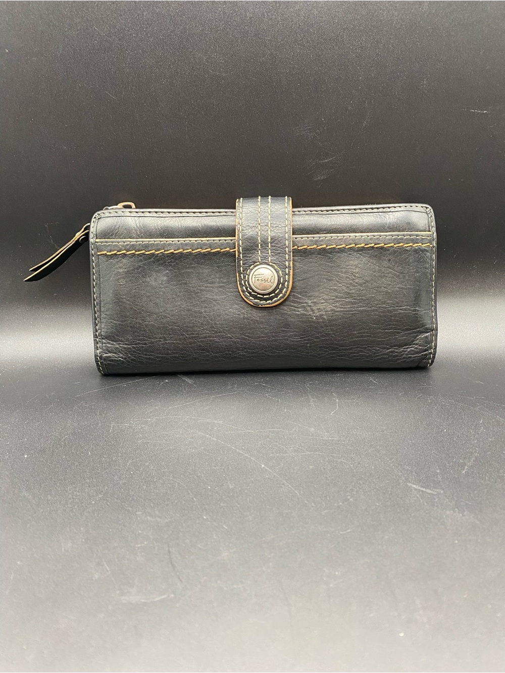 Vintage Fossil Black/Brown Leather Wallet Multi Card Slots Snap Zip Wallet